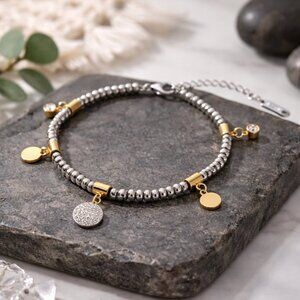 Minimalist Mixed Metal Charm Bracelet 18K Gold Plated Stainless Steel